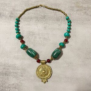 Vintage Ethnic Boho Brass Medallion Green Red Beaded Statement Necklace 10" Drop